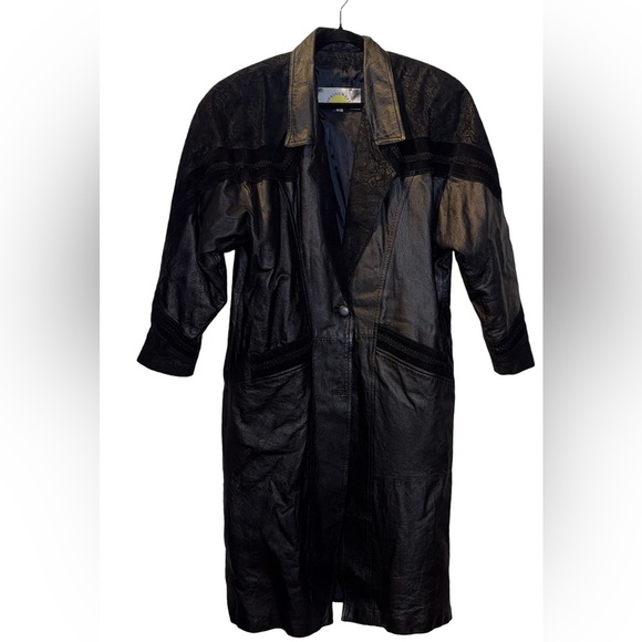 Vintage Springwest Women's Full Length Black Leather Trench Coat Size L P2P 23” - Picture 2 of 5